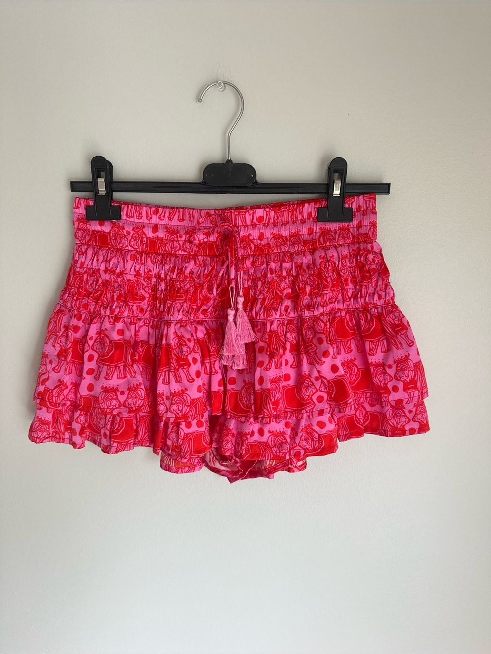 SHUG Womens 100% Silk Smocked Ruffle Skort Set Pink Red Bulldog Festival NEW - Picture 4 of 11